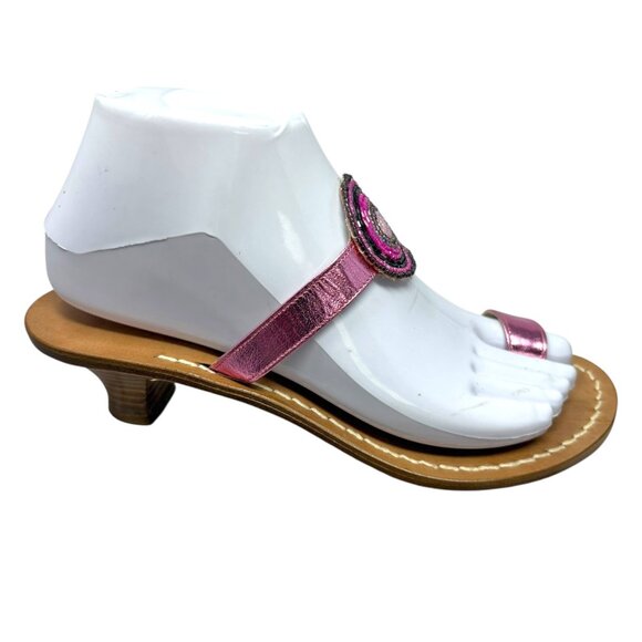 CAPRI SANDALS Violet Metallic Leather Beaded Accent Toe Ring Slides - Picture 5 of 11